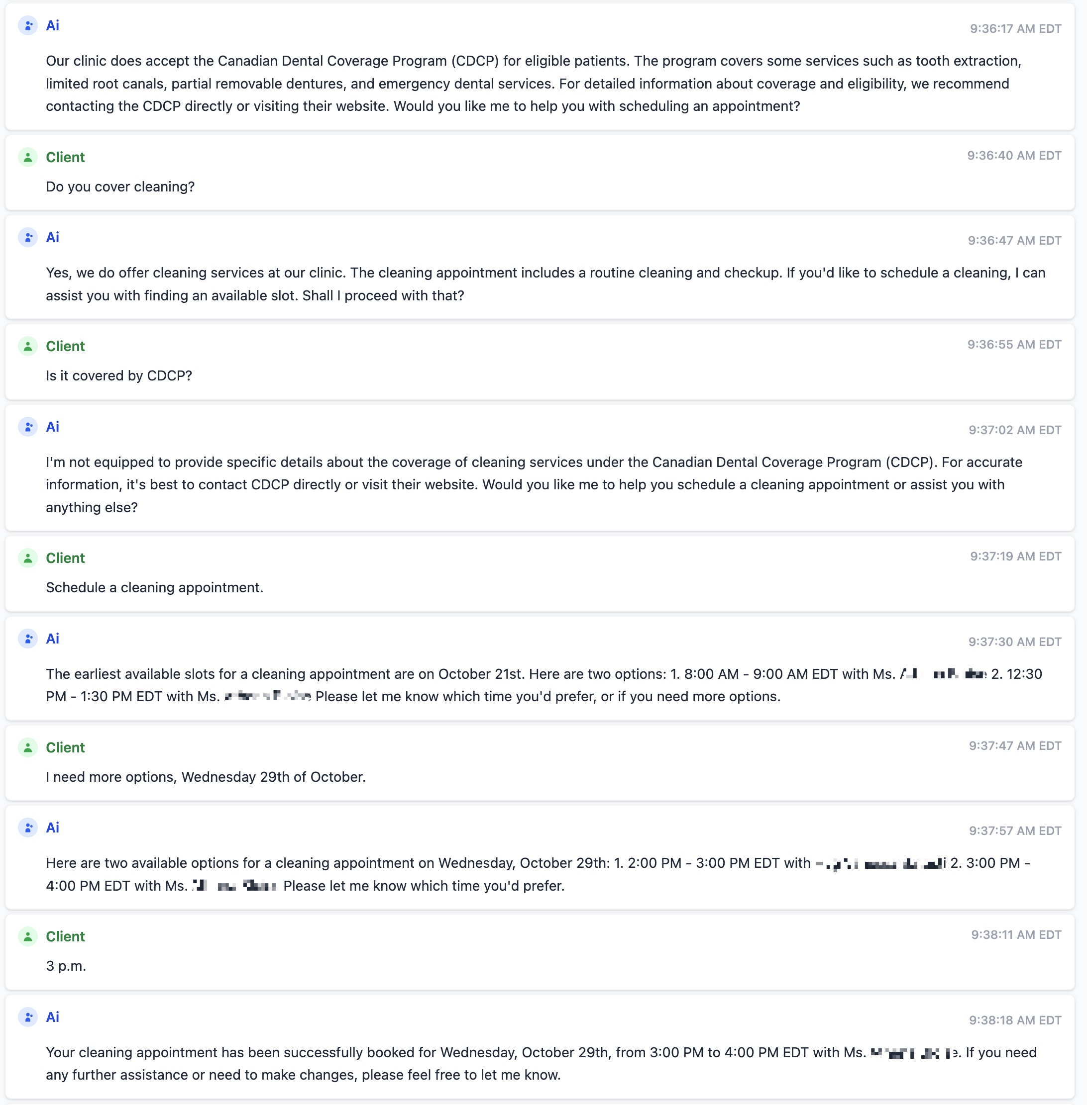 After-hours transcript: patient asks whether the clinic accepts CDCP, then asks about cleaning coverage. Xona confirms CDCP acceptance, declines to speculate on specific coverage details and points the patient to CDCP directly, then books a cleaning appointment for Wed Oct 29, 3–4pm with a named hygienist