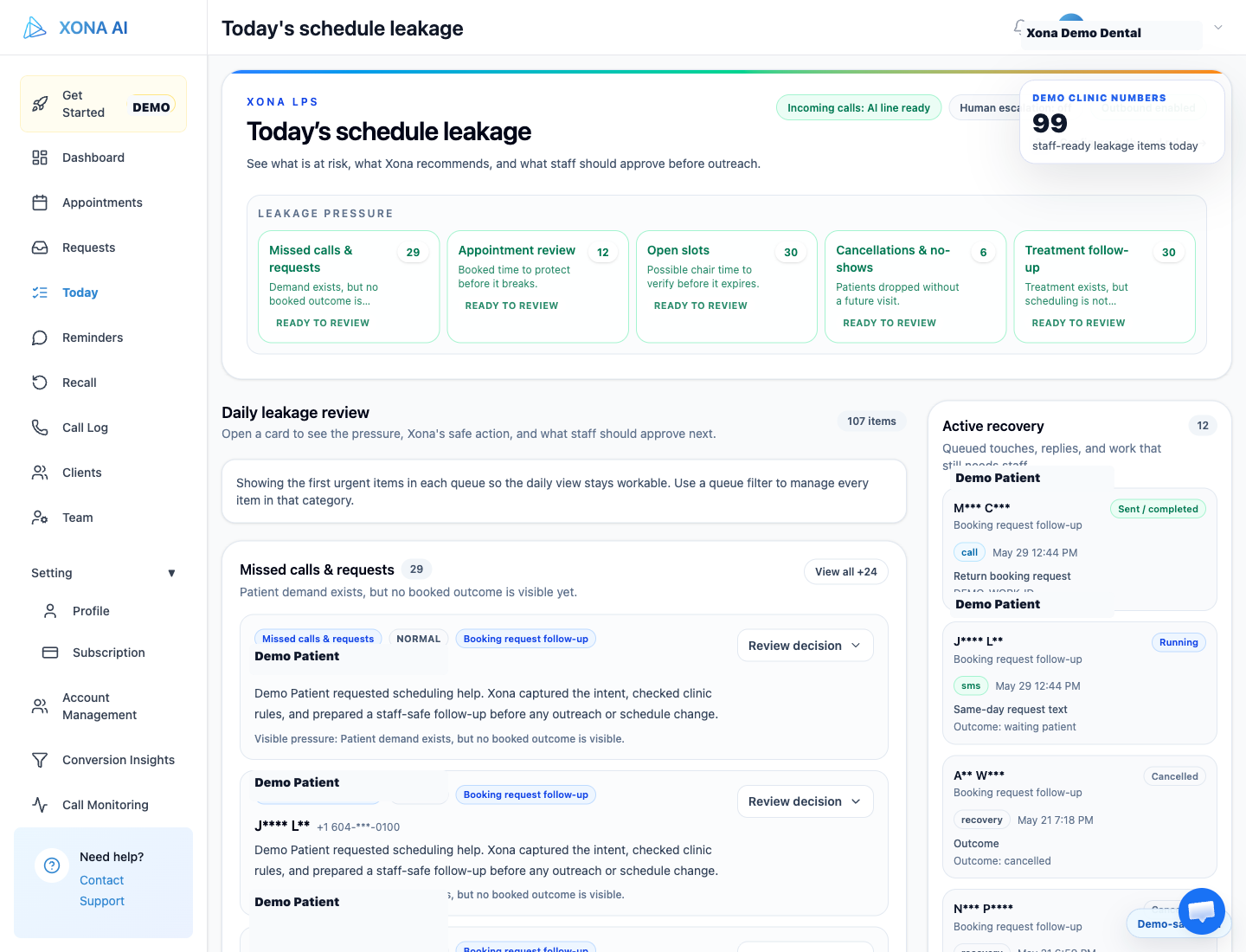 Xona Today schedule leakage workspace captured with demo-safe patient data