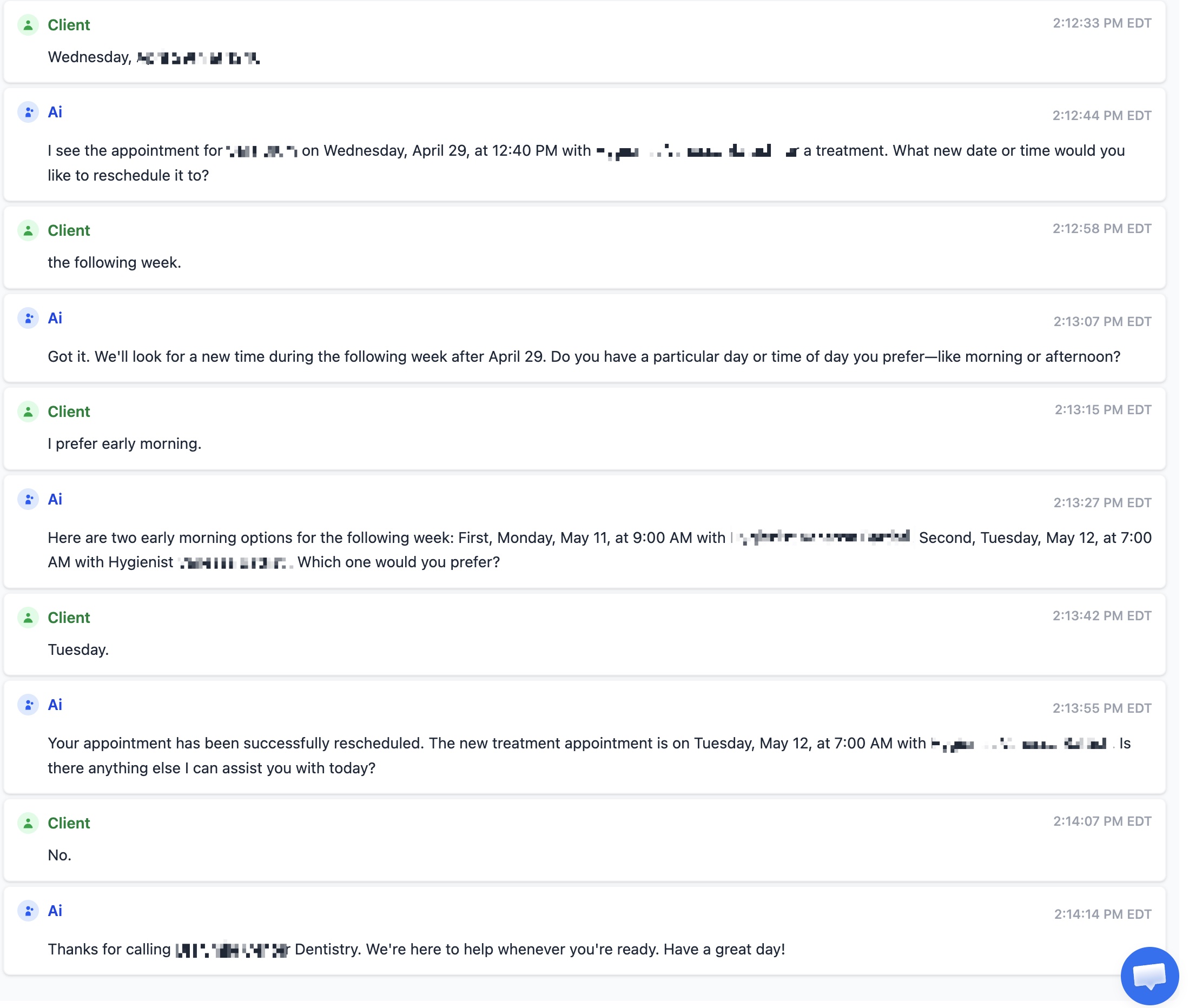 Reschedule transcript: patient asks to reschedule, the AI looks up their existing Apr 29 appointment, asks for preferred day and time of day, offers two early-morning options, the patient picks Tuesday, and the AI confirms the new appointment for May 12 at 7 AM and writes it back into the practice's PMS